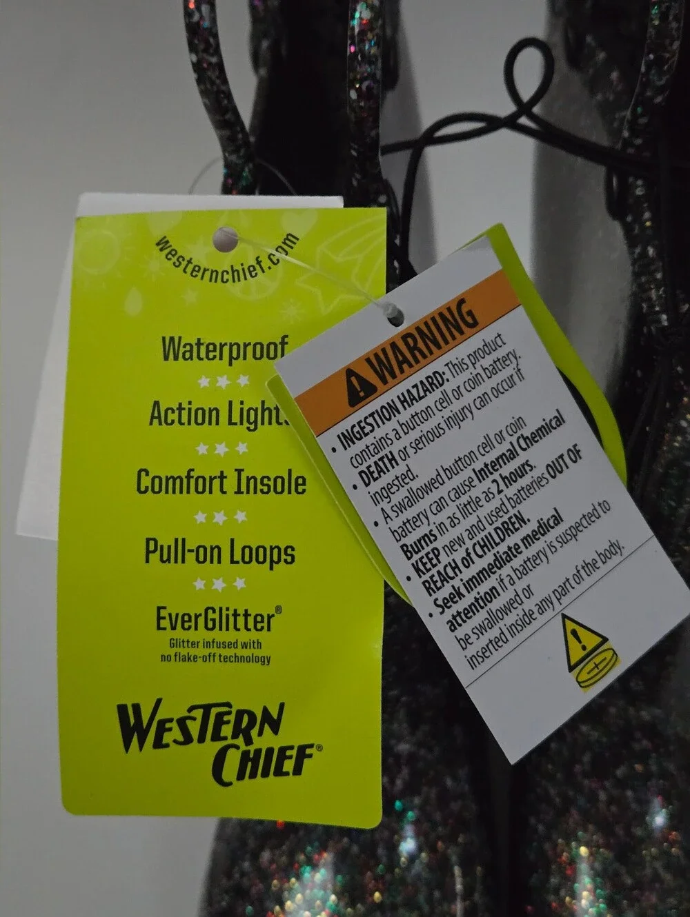 NEW Western Chief Kids Abby Black Glitter Rain Boots Light-Up Waterproof Size 11